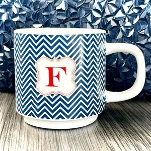 NEW Ceramic F Initial Coffee Mug Navy Blue & White Zig Zag Stripes Monogrammed